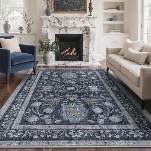 Bavni Vintage Floral Rugs — Navy Blue
