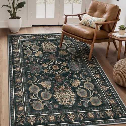 Bavni Vintage Floral Rugs — Charcoal Black